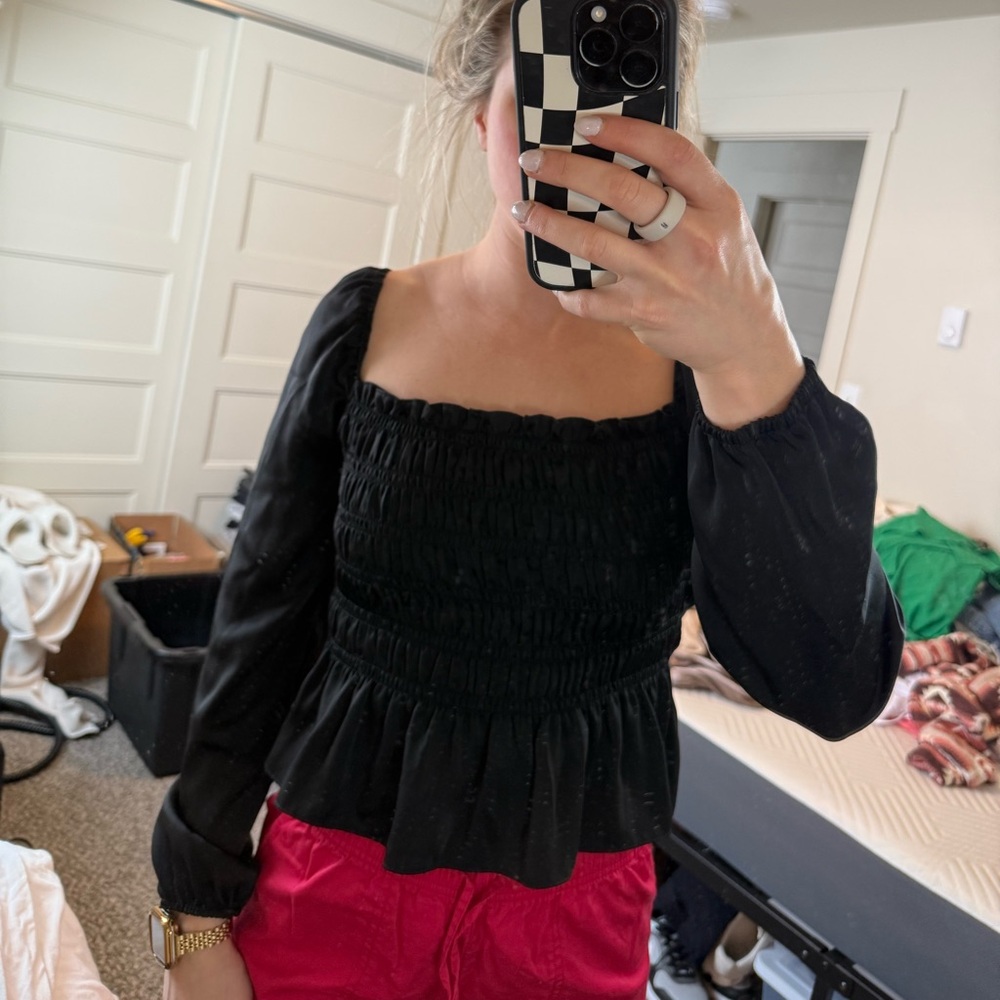 Black Smocked Long Sleeve Top